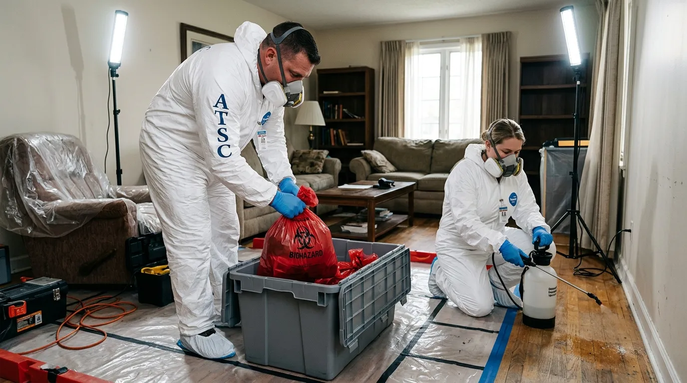 Professional Biohazard Cleanup technician in full PPE working in Williamson